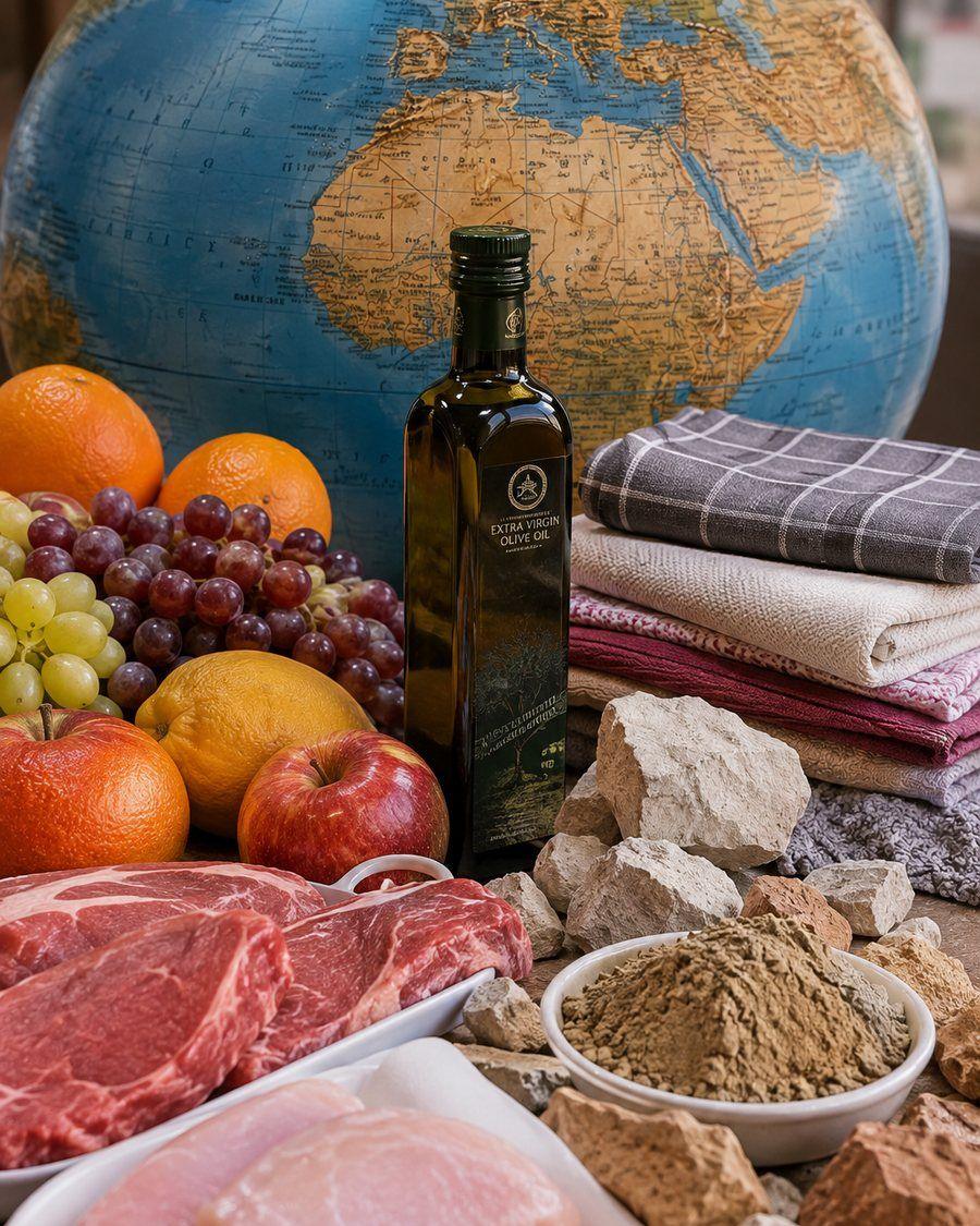 Globo terráqueo junto a productos de alimentación, textil de hogar y materias primas